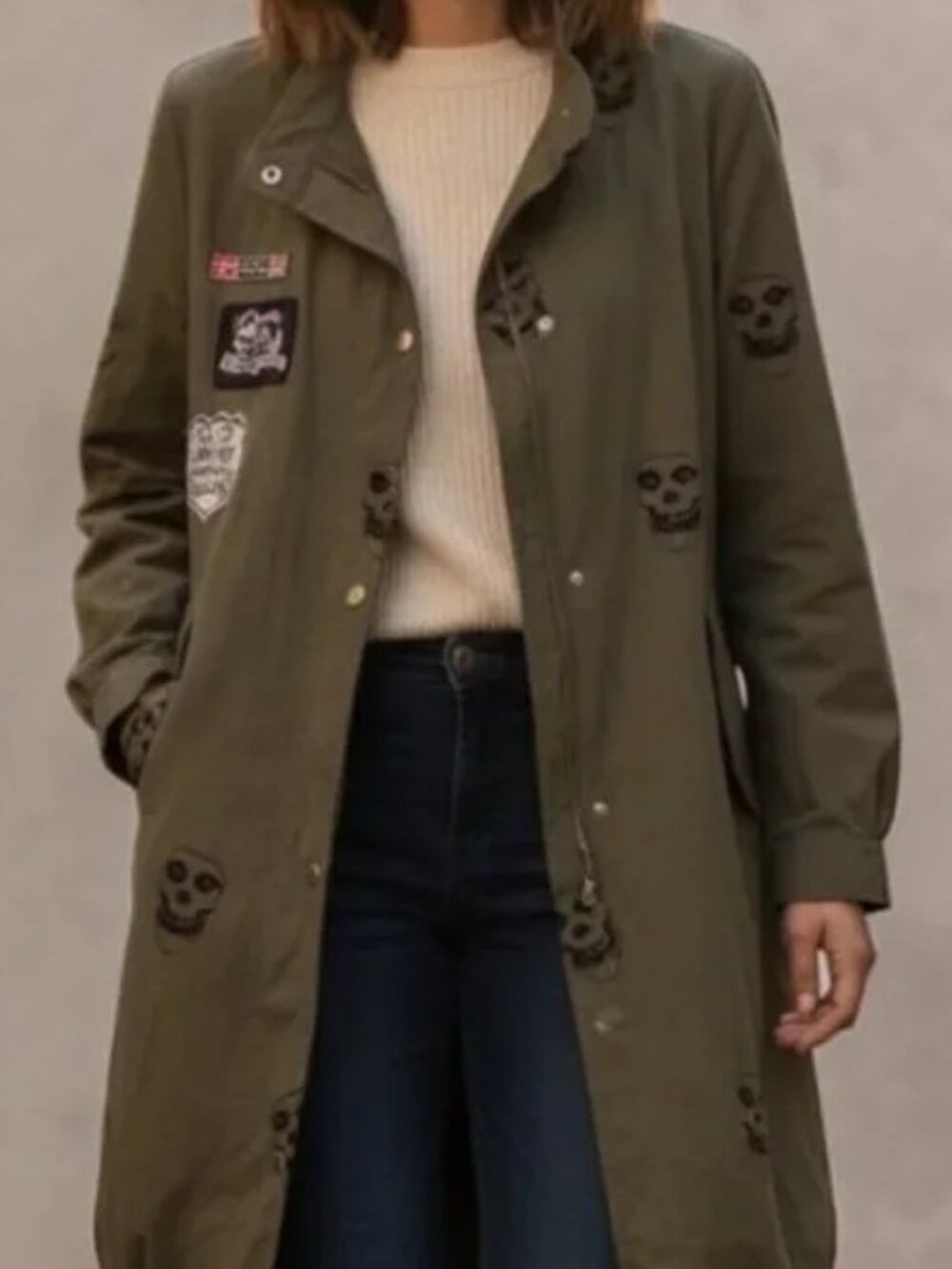 Misfits Y2K olive utility jacket/shacket with punk rock patches, size L